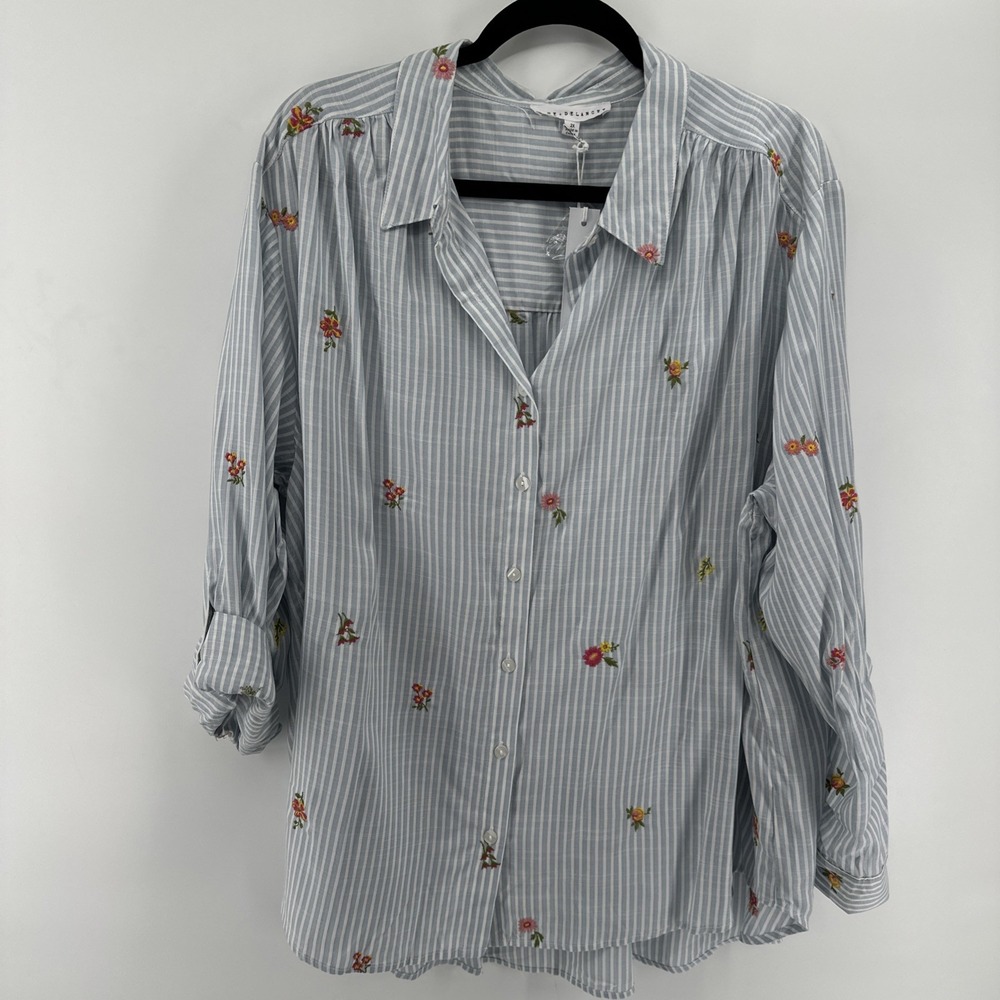 Jane & Delancey Floral Embroidered Blouse Long Sleeve Plus Size 2X Blue NEW